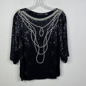 Metamorphosis Vintage 80s 90s Pure Silk Intricate Sparkle Pearls Womens Blouse L
